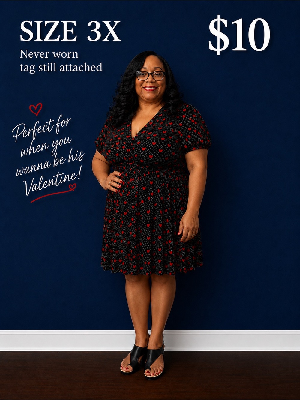 Plus Size Black Dress with Red Heart Print - 3X